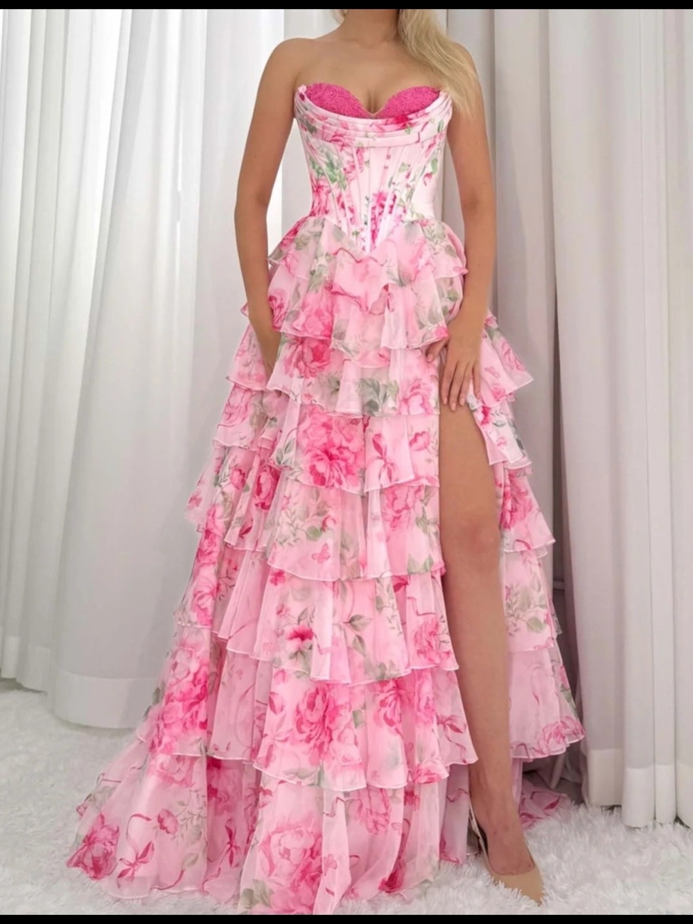 Strapless Pink Floral Tiered Ruffle Gown - Picture 2 of 11